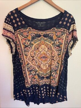 Lucky Brand Navy Multicolor Medallion Print Short Sleeve Top